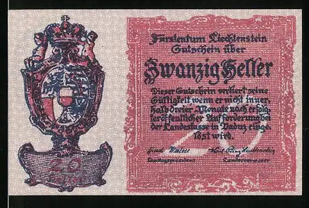 Notgeld Liechtenstein, 20 Heller, Wappen, Burg