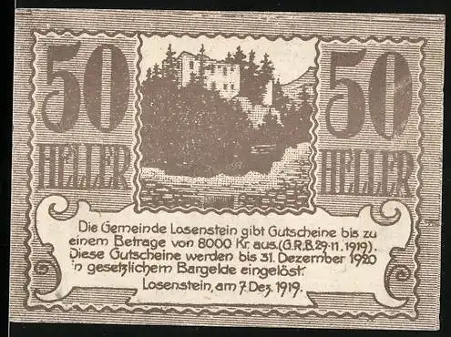 Notgeld Losenstein 1920, 50 Heller, Schloss
