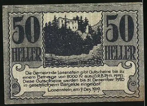 Notgeld Losenstein 1920, 50 Heller, Burgruine