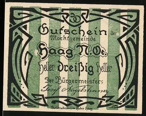 Notgeld Haag 1920, 30 Heller, Blick zur Kirche