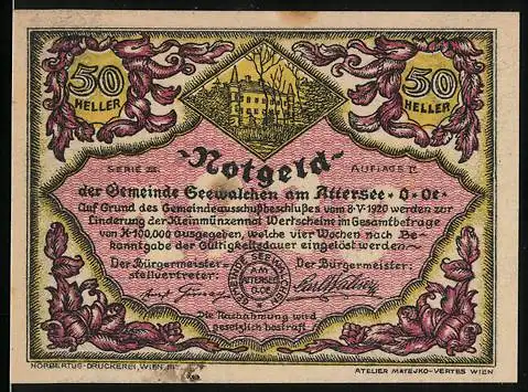 Notgeld Seewalchen am Attersee 1920, 50 Heller, Ortsansicht vom See aus mit Segelboot