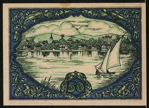 Notgeld Seewalchen am Attersee 1920, 50 Heller, Ortsansicht vom See aus mit Segelboot