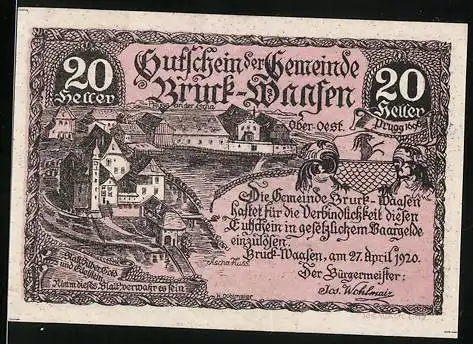 Notgeld Bruck-Waasen 1920, 20 Heller, Teilansicht vom Ort, Wappen