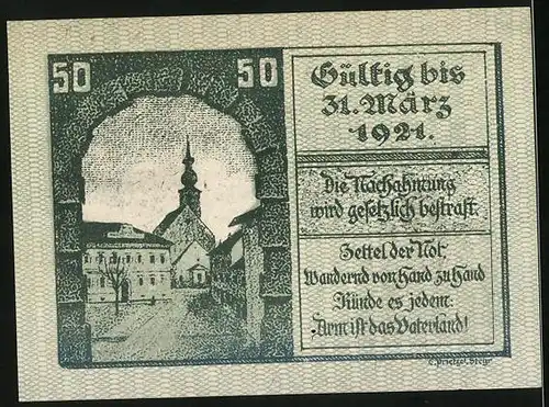 Notgeld Kirchdorf a. d. Kr. 1921, 50 Heller, Strassenpartie im Ortskern, Wappen