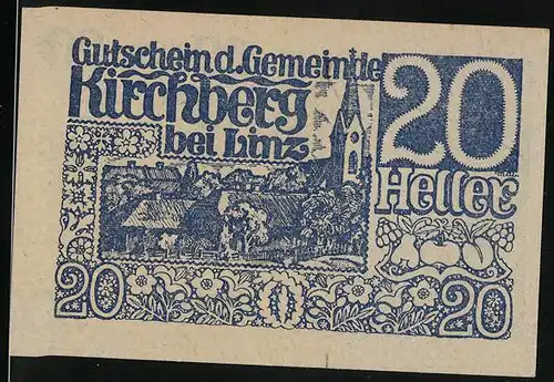 Notgeld Kirchberg bei Linz 1920, 20 Heller, Teilansicht mit Kirche, Wappen