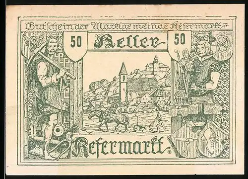 Notgeld Kefermarkt 1920, 50 Heller, Ortsansicht, Wappen der Schneider und Schuster-Zünfte