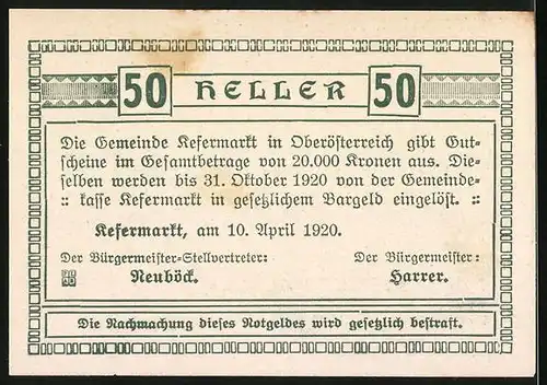 Notgeld Kefermarkt 1920, 50 Heller, Ortsansicht, Wappen der Schneider und Schuster-Zünfte