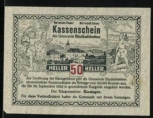 Notgeld Bischofstetten 1920, 50 Heller, Kirche, Durch Arbeit zum Siege