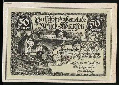 Notgeld Bruck-Waasen 1920, 50 Heller, Teilansicht der Ortschaft