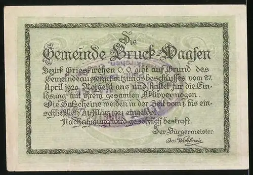 Notgeld Bruck-Waasen 1920, 50 Heller, Teilansicht der Ortschaft