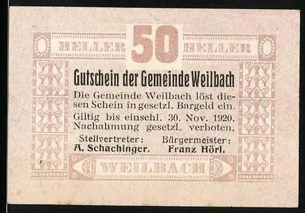 Notgeld Weilbach 1920, 50 Heller, Bürgermeister Franz Hörl