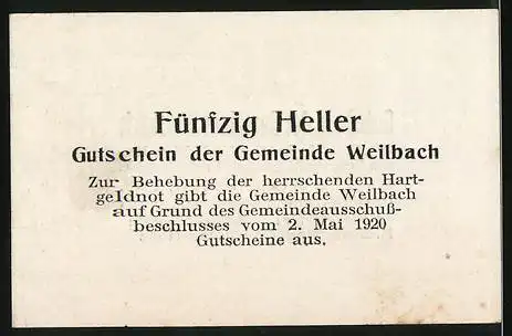 Notgeld Weilbach 1920, 50 Heller, Bürgermeister Franz Hörl