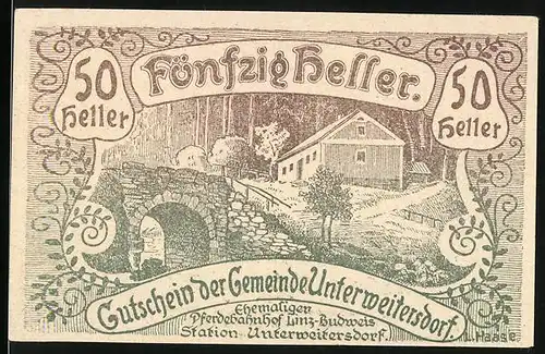 Notgeld Unterweitersdorf 1920, 50 Heller, Ehemaliger Pferdebahnhof Linz-Budweis