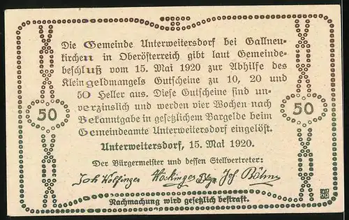 Notgeld Unterweitersdorf 1920, 50 Heller, Ehemaliger Pferdebahnhof Linz-Budweis