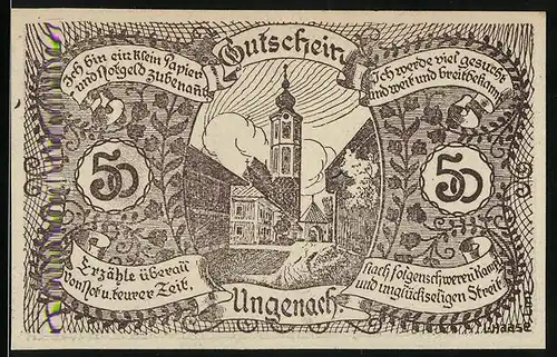 Notgeld Ungenach 1921, 50 Heller, Strassenpartie mit Kirche