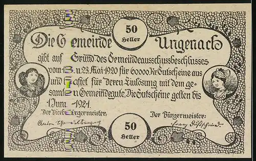 Notgeld Ungenach 1921, 50 Heller, Strassenpartie mit Kirche