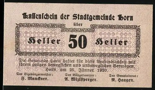 Notgeld Horn 1920, 50 Heller, Bürgermeister A. Wizlsperger