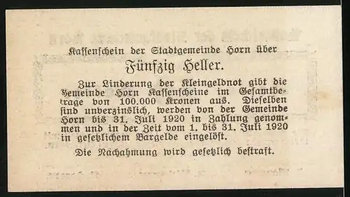 Notgeld Horn 1920, 50 Heller, Bürgermeister A. Wizlsperger