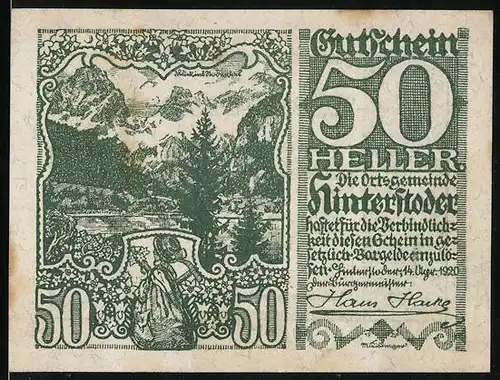 Notgeld Hinterstoder 1920, 50 Heller, Blick ins Stodertal