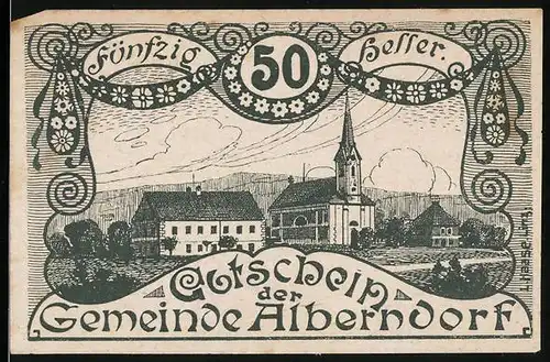 Notgeld Alberndorf 1920, 50 Heller, Darstellung der Kirche