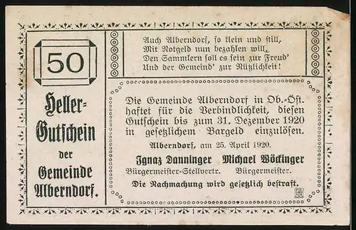 Notgeld Alberndorf 1920, 50 Heller, Darstellung der Kirche