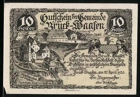 Notgeld Bruck-Waasen 1920, 10 Heller, Ortsansicht aus der Vogelschau