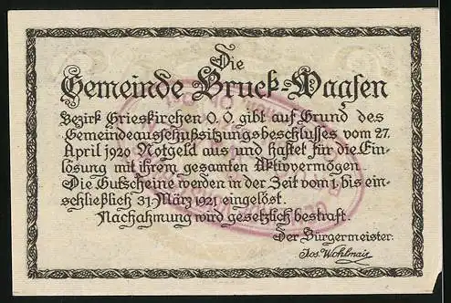 Notgeld Bruck-Waasen 1920, 10 Heller, Ortsansicht aus der Vogelschau