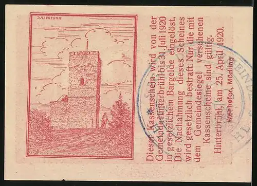 Notgeld Hinterbrühl 1920, 20 Heller, Turm auf Hügel