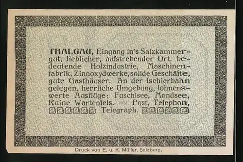 Notgeld Thalgau 1920, 50 Heller, Frau in Tracht