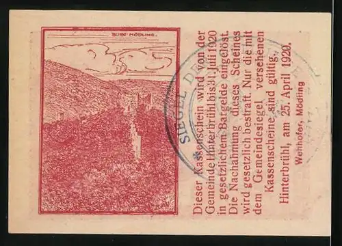 Notgeld Hinterbrühl 1920, 20 Heller, Turm