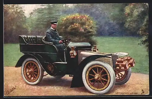 Künstler-AK Auto British Daimler (1903) 22HP, Sir Thomas Lipton im Wagen, Eigentümer der Lipton-Tee-Fabriken