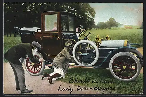 AK Auto Wolseley (1907 /09), Dame kniet an ihrem Wagen