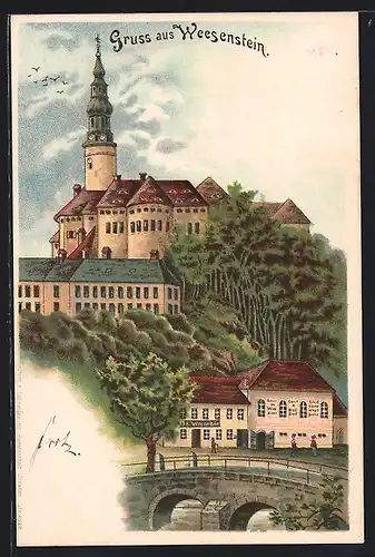 Lithographie Weesenstein, Ortspartie mit Gasthaus von Oscar Senf u. Schloss