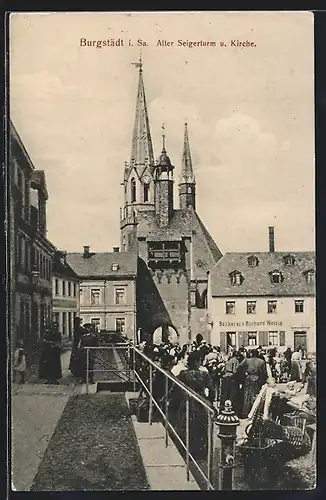 AK Burgstädt i. Sa., Bäckerei v. Richard Wetzig, Alter Seigerturm und Kirche