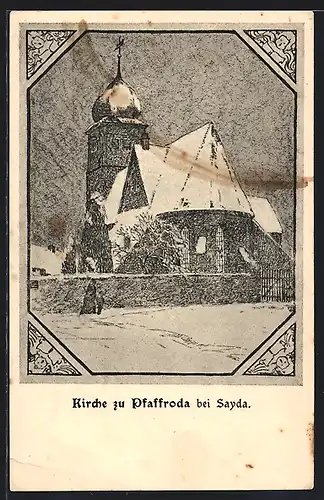 Künstler-AK Pfaffroda b. Sayda, Kirche im Winter