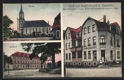 AK Reichenbrand i. Sa., Material-, Papier- u. Schreibwarenhandlung Malz, Kirche, Gasthof