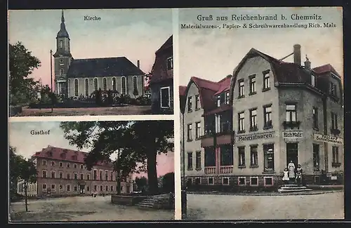 AK Reichenbrand i. Sa., Material-, Papier- u. Schreibwarenhandlung Malz, Kirche, Gasthof