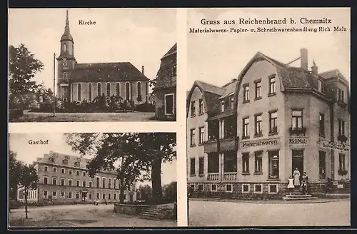 AK Reichenbrand, Schreibwarenhandlung Rich. Malz, Kirche, Gasthof