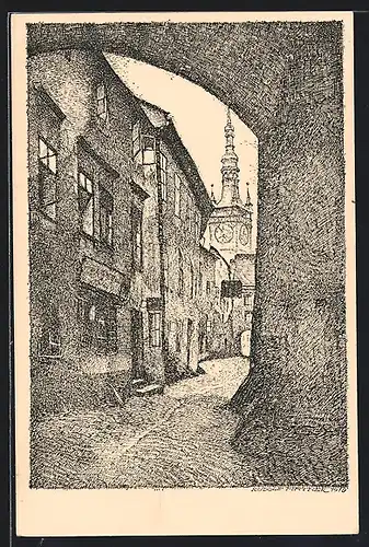 Künstler-AK Olmütz, Blick in die Schulgasse