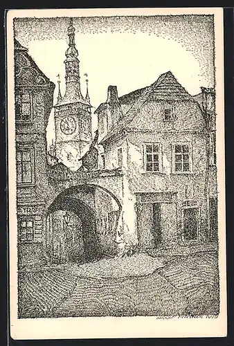 Künstler-AK Olmütz, Schulgasse mit Rathausturm