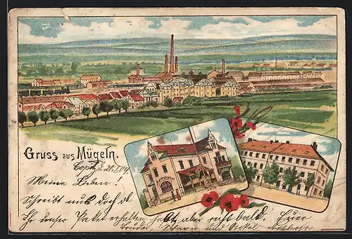 Lithographie Mügeln / Heidenau, Gasthaus Ratskeller, Geschäft von Max Dass, Teilansicht