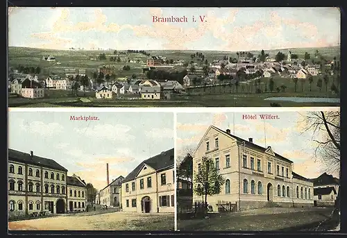 AK Brambach i. V., Hotel Wilfert, Marktplatz, Teilansicht
