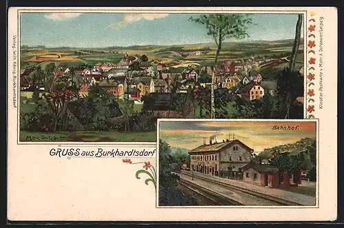 Lithographie Burkhardtsdorf, Bahnhof, Totalansicht