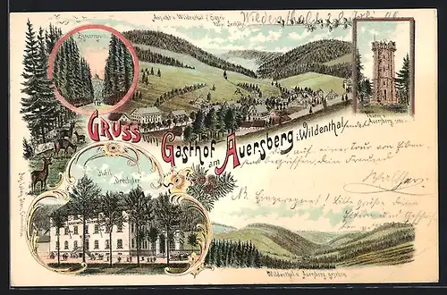 Lithographie Wildenthal, Gasthof Auersberg, Hotel Drechsler
