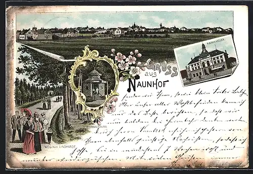 Lithographie Naunhof / Mulde, Gasthaus Ratskeller, Bismarckhütte, Spaziergänger auf dem Weg nach Lindhardt