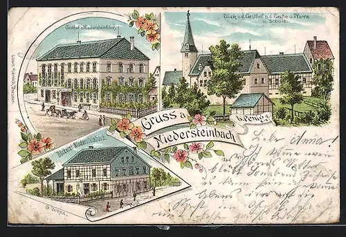 Lithographie Niedersteinbach / Penig, Gasthof, Bäckerei, Post, Blick vom Gasthof zur Schule