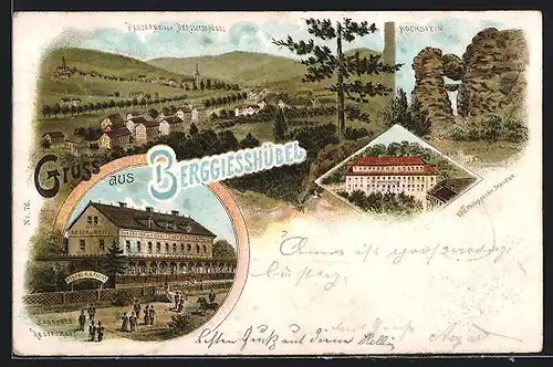 Lithographie Berggiesshübel, Thalheimers Bahnhofs-Hotel, Johann-Georgen-Bad, Hochstein, Panorama