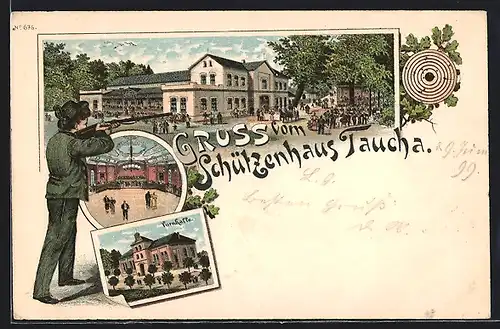 Lithographie Taucha, Gaststätte Schützenhaus mit Strasse und Saal, Schütze, Turnhalle