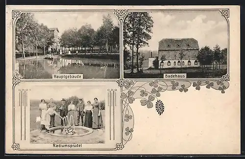 AK Zwönitz, Bad z. guten Brunnen - Hauptgebäude, Radiumsprudel und Badehaus