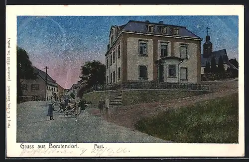 AK Borstendorf, Ortspartie mit Post und Kirche, Kindergruppe